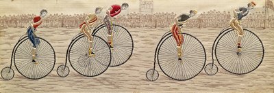 The Last Lap, Penny Farthing Race vävt silke Stevengraph, av Thomas Stevens från Coventry av Unbekannter Künstler