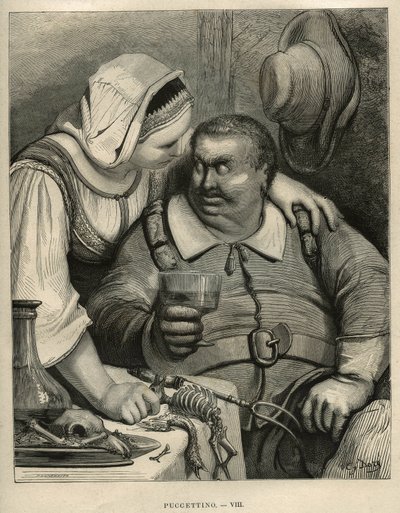The Little Pouket: ogren och hans fru efter att ha avslutat måltiden. Gravyr av Gustave Dore (1832-1883) från "" Les contes"" av Charles Perrault (1628-1703) av Unbekannt