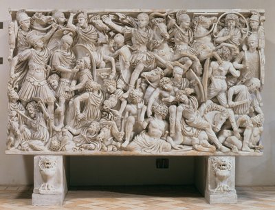 Ludovisi-sarkofagen med högreliefrepresentation av romarna som kämpar mot barbarerna, 250-80 e.Kr. (marmor) av Unbekannt