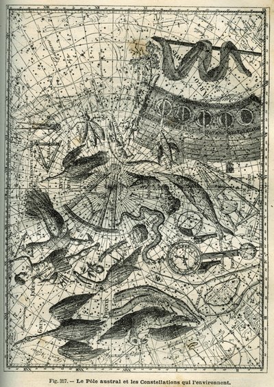 Sydpolen och de omgivande konstellationerna: Bland de många konstellationerna på sydpolen finns indianen, fenixen, braxen, oktanten, klockan, kompas och skeppet. Gravyr från Camille Flammarions "Les étoiles et les autres c av Unbekannter Künstler
