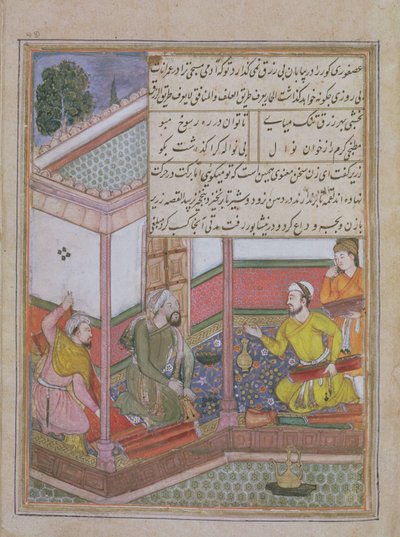 Den tjugosjunde natten: Zarir och två andra vävare säljer tyg till en man som håller i en handväska, från Tuti Nama (Tutiname) c.1580 (vellum) av Unbekannt