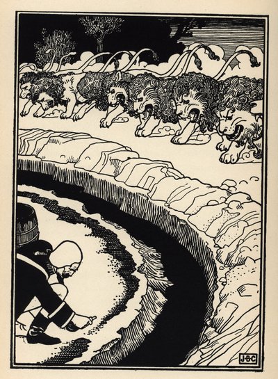Baronen försvarar sig från angrepp av lejon genom att sätta eld på krut. Illustration av William Strang (1859-1921) och JB Clark från "The Adventures of the Baron of Munchausen (Munchhausen) av Rudolf Erich Raspe (1736-1794) (1789) av Unbekannt