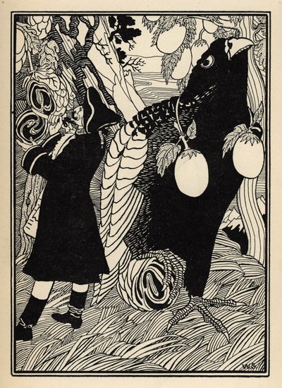 Baronen upptäcker de stora fåglarna och rotisna på träden i USA. Illustration av William Strang (1859-1921) och JB Clark från "The Adventures of the Baron of Munchausen (Munchhausen) av Rudolf Erich Raspe (1736-1794) (1789) av Unbekannter Künstler