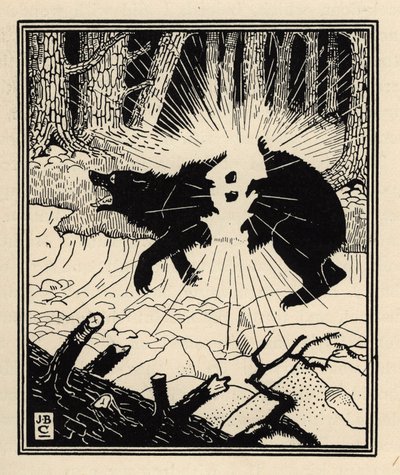 Baronen exploderar en svart björn med två flintor. Illustration av William Strang (1859-1921) och JB Clark från "The Adventures of the Baron of Munchausen (Munchhausen) av Rudolf Erich Raspe (1736-1794) (1789) av Unbekannt