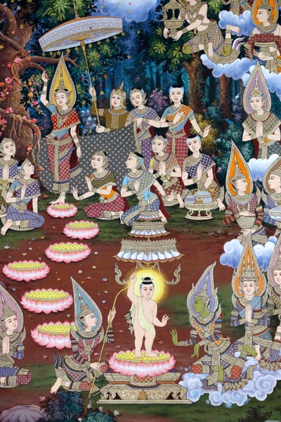 Födelsen av spädbarnet Siddhartha, väggfresk, Wat Maniratanaram-klostret, Phnom Penh, 2022 (foto) av Unbekannter Künstler