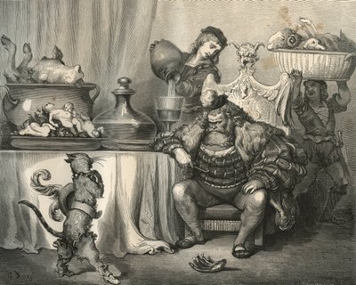 Stövelkatten möter Ogre. Gravyr av Gustave Dore (1832-1883) från "" Les contes"" av Charles Perrault (1628-1703) av Unbekannt