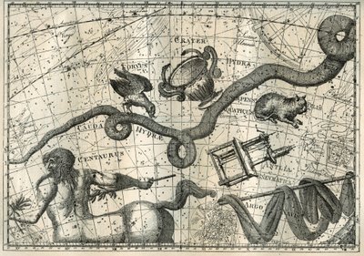 Stjärnbilden Hydra, med en Curbeau som pirrade i den och en balanserande kopp, härstammar från myten om Apollo som hade skickat en kråka med en kopp full med vatten för att offra till Jupiter. Nedanför Hydre, den franske astronomen Lalande (1732-1807) dr av Unbekannter Künstler