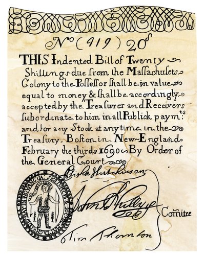 Den första amerikanska papperssedeln (banknoten) på 20 shilling, utfärdad av General Court of the Boston Colony (Massachusett, USA) 1690. Gravyrfärger från 1800-talet. av Unbekannter Künstler