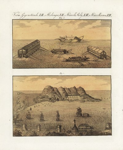 Den brittiska arméns flytande batterier i Gibraltar 1782. En pråm med 210 kanoner på två nivåer och en annan pråm med en nivå som konstruerats av den franske ingenjören Arcon för att bomba staden. Den brittiska flottans flytande batterier i Gibraltar av Unbekannter Künstler