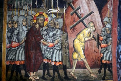 Kristi passion Simon bär korset Bysantinsk fresk från Agios Ioannis Lampadistis kloster, Saint John Lampadistis 1000-talet Cypern Målade kyrkor UNESCO-plats Troodos, Cypern av Unbekannt