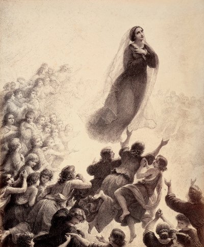 De välsignades andar, med utsträckta armar, följer Marias återkomst till Empyrean med sång. Illustration av Canto XXIII i Paradiso i Den gudomliga komedin av Dante Alighieri. Francesco Scaramuzzas verk tillägnat Florens kommun av Unbekannter Künstler