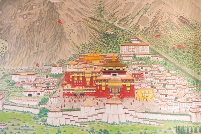 tibetansk buddhism; huvudklostret i Karma Kagyu härstamningen; Tsurphu i Tibet; väggmålning vid ingången till Rumtek-klostret nära Gangtok; Sikkim; Himalaya; Indien; Sydasien; Asien av Unbekannt