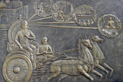 Tinh Xa Ngoc Chau buddhistiska tempel, The Life of the Buddha, Siddhartha Gautama, Prince Siddhartha bad en vagnförare att ta honom på en serie turer genom landsbygden, Chau Doc, Vietnam, 2018 (foto) av Unbekannt