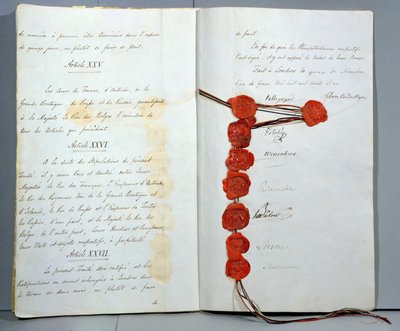 Fördrag om upprättande av Belgien som en suverän stat, undertecknat den 15 november 1831 vid Londonkonferensen (penna och bläck och vax på papper) av Unbekannt