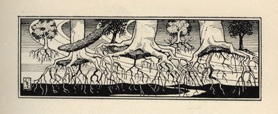 Träd deraciner av en storm planterar om sina rötter till den exakta platsen där de var. Illustration av William Strang (1859-1921) och JB Clark från "The Adventures of the Baron of Munchausen (Munchhausen) av Rudolf Erich Raspe (1736-1794) (1789) av Unbekannt