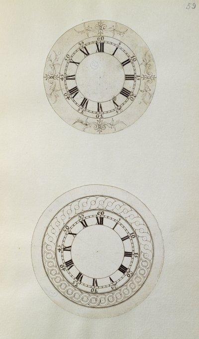 Två mönster för stora emaljerade urtavlor, från mekaniska anteckningar och ritningar sammanställda av John Harrison (1693-1776) och hans son William (ca 1726-72) (penna och bläck på papper) av Unbekannt