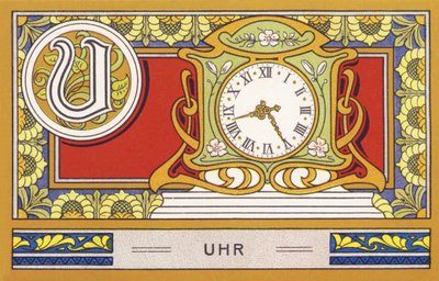U: Klocka - Alfabetet Palmine. Serie av kromolitografier redigerade av H. Schlinck & Cie, Hamburg, sid. d. . Annons för Palmins finaste kokosfett. Mått: 7 x 11 cm av Unbekannter Künstler