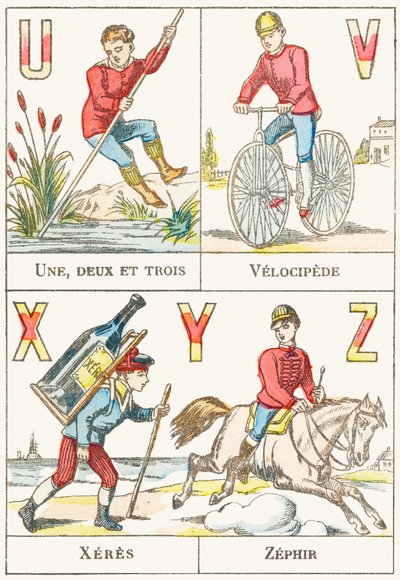 UVXYZ; U: Ett, två och tre; V: Velocipede; X: sherry; Z: Zephir - Spelalfabetet, ca 1890 (gravyr) av Unbekannt