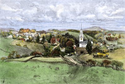Förenta staterna, delstaten New Hampshire: Byn New Boston, New Hampshire år 1800. Färggravyr från 1800-talet. av Unbekannter Künstler