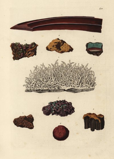 Olika sorters järnmalm. Handkolorerat kopparstick av efter en illustration av från Georg Wolfgang Knorr