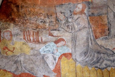 Vault de Lugny kyrka. 1500-tals väggmålning. Kristus i sin passion. Getsemane, ber Jesus, under tiden vilar lärjungarna. Frankrike Â av Unbekannt