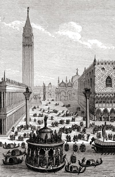 Venedig - Markusplatsen med katedral och gondoler av Unbekannter Künstler