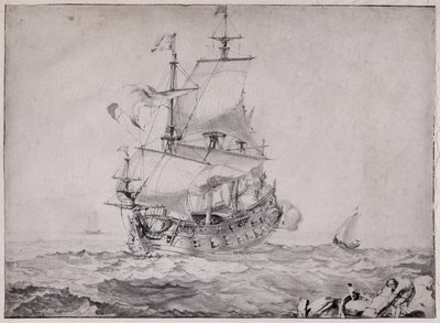 Fartyg till sjöss som avfyrar kanonen - teckning av Pierre Puget (1620-1694) 1600-tal Sol 23x32,5 cm Musee Grobet Labadie Marseille av Unbekannter Künstler