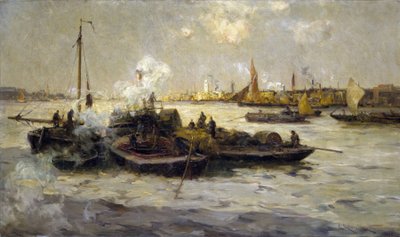 Vy över Limehouse, England, med en beskrivning av industrialiseringen av Themsen i slutet av den viktorianska eran (slutet av 1800-talet) och av bogserbåtar, skärare och pråmar, i bakgrunden det vita tornet Saint George av Unbekannter Künstler