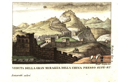 Utsikt över Kinesiska muren nära Kou-Pee-Keow, vid passet mellan Kina och östra Tartariet. Från Samuel Holmes (1700-1900-talet) Journal of a Voyage to China and Tartary. Kopparstick av dell