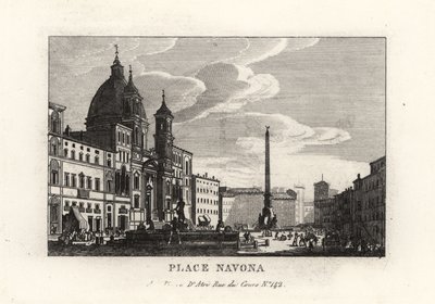 Utsikt över Piazza Navona, med fontänen, den egyptiska obelisken och kyrkan Sant
