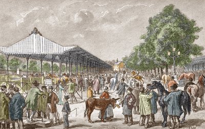 Vy över hästmarknaden i 5:e arrondissementet i Paris Gravyr från Les stages d