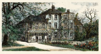 Utsikt över huset eller Charles Darwin (1809-1882) redigea "The origin of the species". Gravyr från 1800-talet av Unbekannter Künstler
