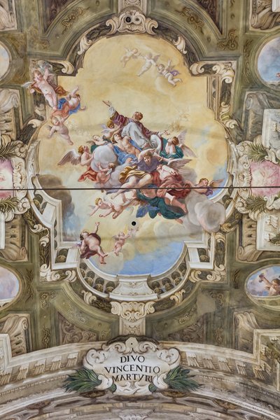 Utsikt över valvet med fresker av Teatini-rummet, Chiesa di San Vincenzo, Piacenza, Emilia-Romagna, Italien (foto) av Unbekannter Künstler
