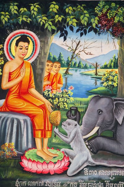 Väggmålning i Wat Pitchey Udong: Scen från Buddhas liv. Buddha matades av en apa medan han fastade Kampot Cambodge av Unbekannt