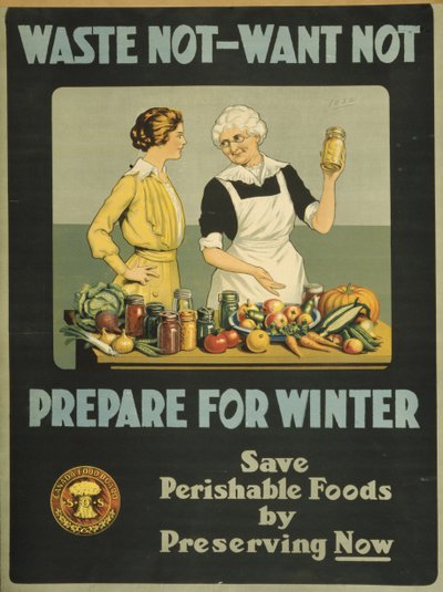 Slösa inte, vill inte - förbered dig för vintern, Canada Food Board, c.1915 (färg litho) av Bartolome Esteban and studio Murillo