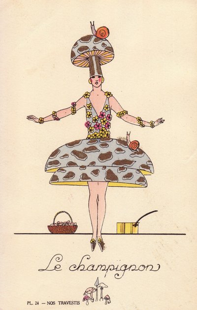 Kvinna i svampkostym, le mushroom, hatt och klänning i svampform, dekorerad med sniglar och blommor. Litografi av okänd konstnär med handmålning med stencil från "Nos Travestis" (Våra maskeraddräkter), Paris av Unbekannter Künstler