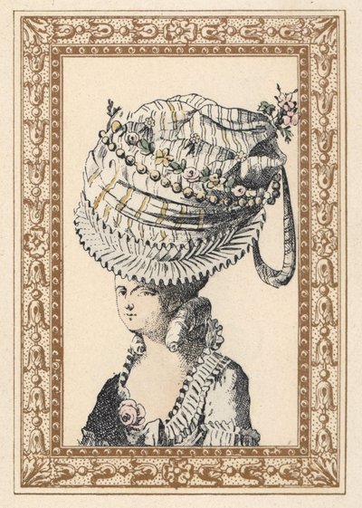 Kvinna bär en enorm hatt som kallas århundradets lycka. Handkolorerad litografi av de Laubadere från Octave Uzanes stilfulla frisyr eller excentriska utstyrsel från kung Ludvig XVI:s tid, Hairstyles de Style, La Parure Eccentric, Rouveyre, Paris av Unbekannter Künstler