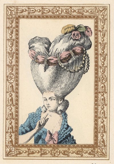 Kvinna med håret uppsatt över en puff (stöd) och dekorerad med blommor, pärlor och ett skärp, kallad Flea. Puffen har chia. Handkolorerad litografi av de Laubadere från Octave Uzanes Stilfull frisyr eller excentrisk klädsel från tiden för Kin av Unbekannter Künstler
