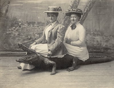 Kvinnor sitter på en uppstoppad alligator, ca 1905 (s/v foto) av Unbekannter Künstler