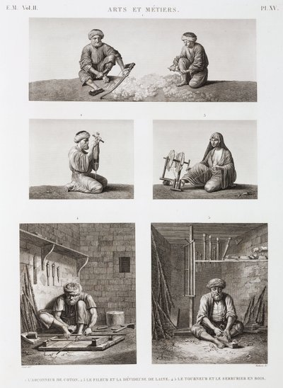 Ull och kamgarn, spinning av textil och träarbetare, Egypten, ca 1798 av Unbekannt