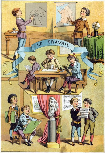 Arbeta i klassrummet. Gravyr i "Alphabet des petits ecoliers". Avbildning av Epinal, cirka 1885. Privee Collection av Unbekannt