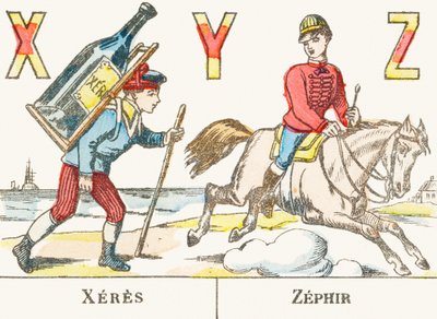 X Y Z : Xeres, Zephir - en pojke håller en stor flaska vin på ryggen och en ryttare galopperar på sin häst som heter Zephyr - Games Alphabet, c.1890 (gravyr) av Unbekannt