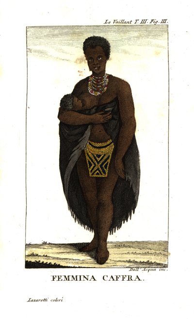 Ung San-kvinna ammar barn, Sydafrika. Hon bär cape, halsband och kjol med pärlor. Från Francois Le Vaillant (Levaillant av Unbekannter Künstler
