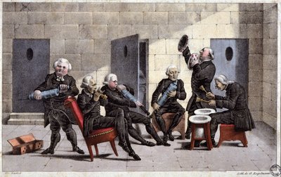 amatörer som spelar en courante, fransk karikatyr mot läkare (som håller sprutor och kammarskrudar som musikinstrument) och avföringsmedel på 1700-talet, gravyr av Elgelmann, ca 1830 av Unbekannter Künstler