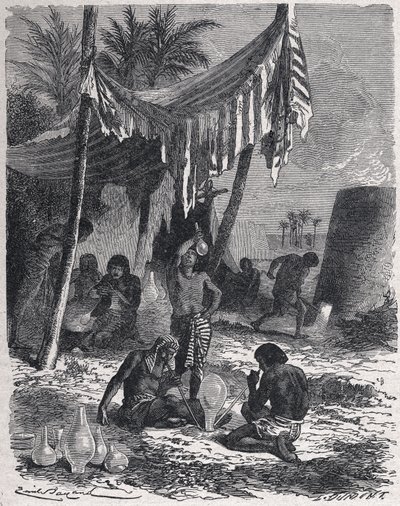 Glastillverkning i forntida Egypten, ca 1880 (gravyr) av Unbekannter Künstler