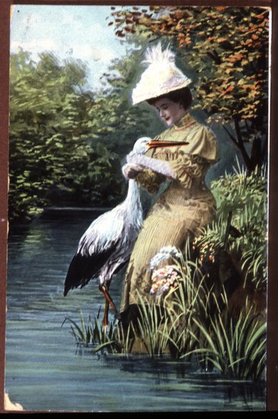 Stork med barn till kvinna, fransk postakrd, tidigt 1900-tal av Unbekannter Künstler