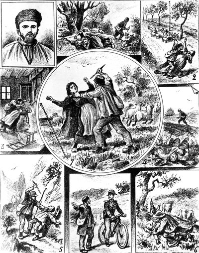 Vacheraffären, i Frankrike sent 1800-tal, en av de första seriemördarna, 1895-1898, gravyr av Unbekannt