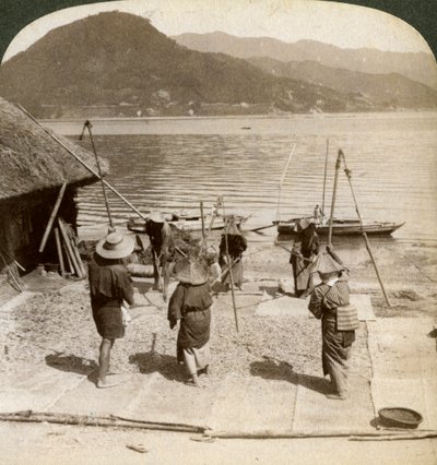 Flakande korn bredvid en fiskestrand vid Inlandshavet, Japan, 1904. av Underwood and Underwood