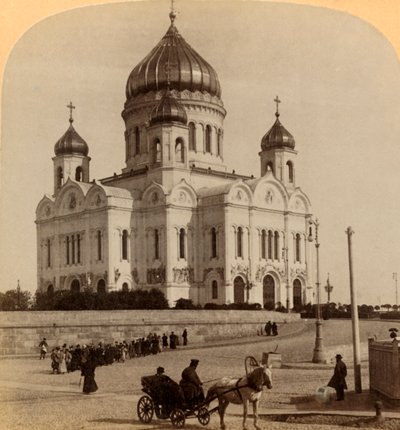 Vår Frälsares tempel, den största kyrkan i Moskva, Ryssland, 1898. av Underwood and Underwood