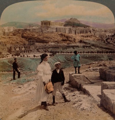 Akropolis i Aten, Lycabettus och kungliga palatset, från Philopappos monument, 1907. Konstnärer: Elmer Underwood, Bert Elias Underwood. av Underwood and Underwood